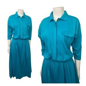 Vintage 1990s Teal Blue Cotton Collared Shirt Dress  / Women’s Medium